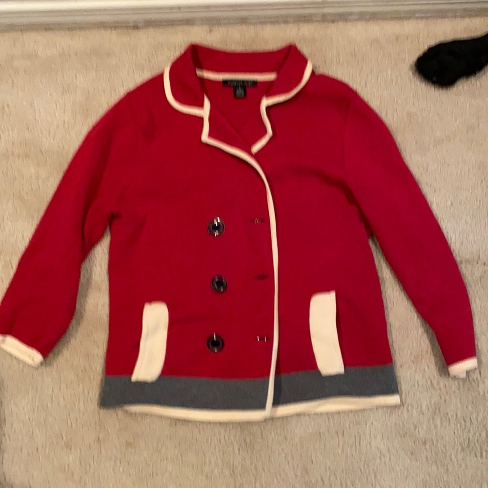 Red gray and cream cardigan
